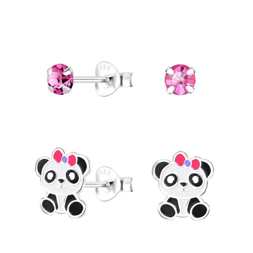 Children's Sterling Silver Set of 2 Pairs of Panda and Pink Crystal Stud Earrings