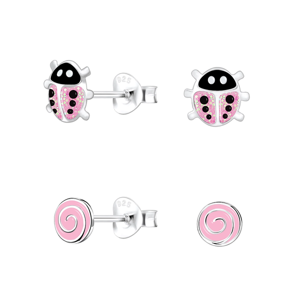 Children's Sterling Silver Set of 2 Pairs of Pink Themed Stud Earrings