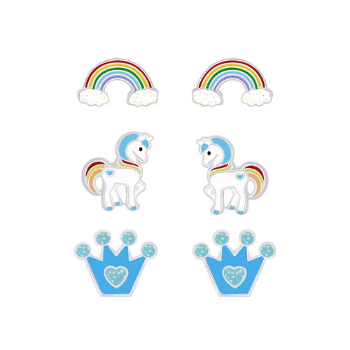 Children's Sterling Silver Set of 3 Pairs of Unicorn Magic Stud Earrings