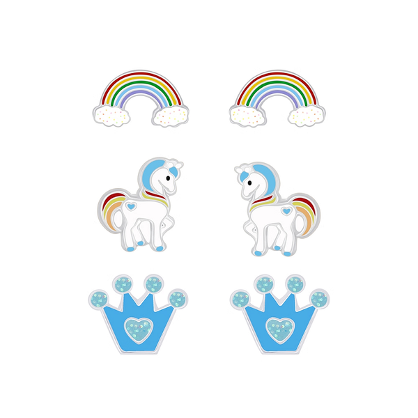 Children's Sterling Silver Set of 3 Pairs of Unicorn Magic Stud Earrings