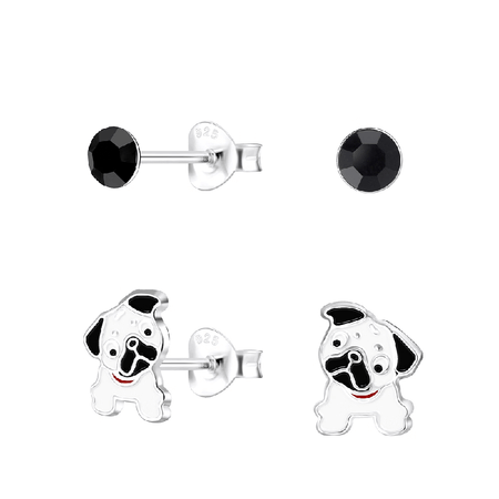 Children's Sterling Silver Set of 2 Pairs of Multicoloured Sparkle Paws and Crystal Stud Earrings