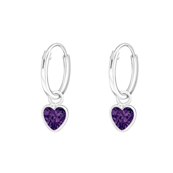 Children's Sterling Silver 'Purple Amethyst Coloured Crystal Heart' Hoop Earrings