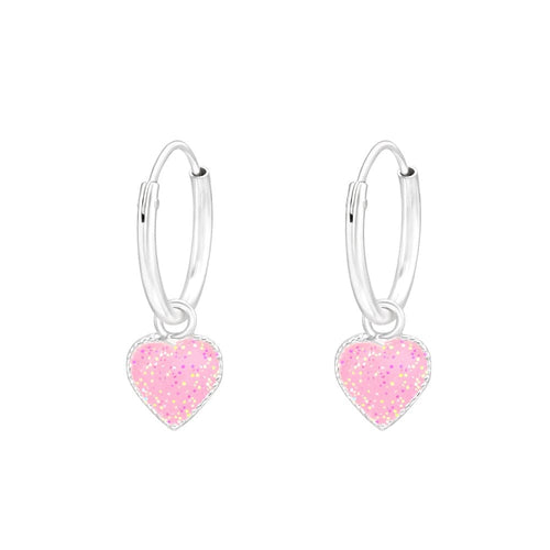 Children's Sterling Silver Pink Glitter Heart Hoop Earrings
