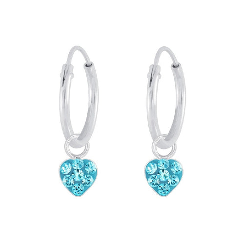 Children's Sterling Silver 'Aqua Blue Sparkle Heart' Crystal Hoop Earrings