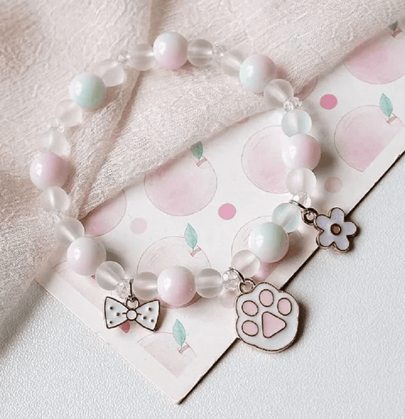 Children's 'Friends with Paws' White, Aqua Blue and Pink Stretch Bead Bracelet