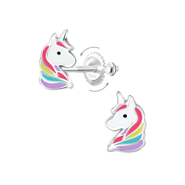 Children's Sterling Silver 'Rainbow Unicorn' Screw Back Stud Earrings