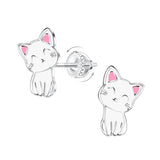 Children's Sterling Silver White Cat Screw Back Stud Earrings