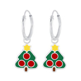 Children's Sterling Silver 'Christmas Tree with Red Baubles' Hoop Earrings