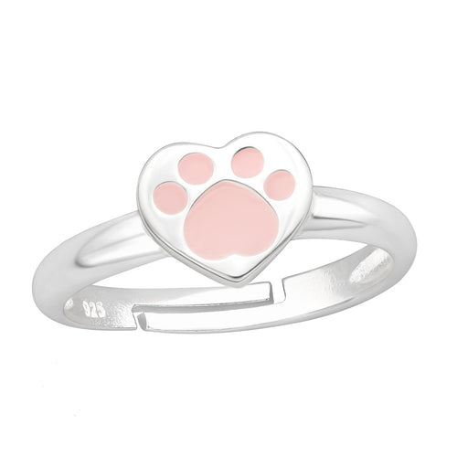 Children's Sterling Silver Adjustable Pink Paw Heart Ring