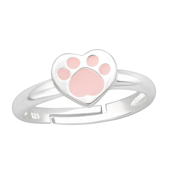Children's Sterling Silver Adjustable Pink Paw Heart Ring