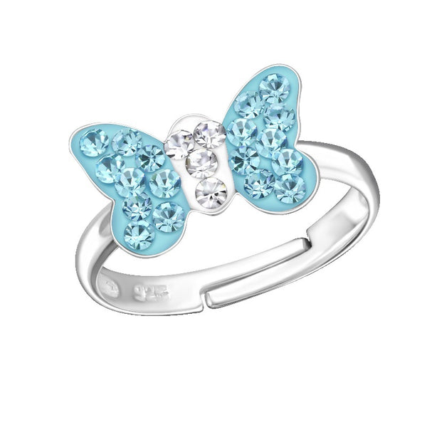 Children's Sterling Silver Adjustable Blue Sparkle Butterfly Ring