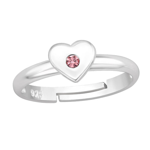 Children's Sterling Silver Adjustable 'Heart with Pink Crystal' Ring