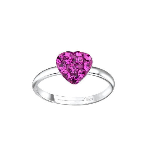 Children's Sterling Silver Adjustable 'Fuchsia Love Heart Sparkle' Ring