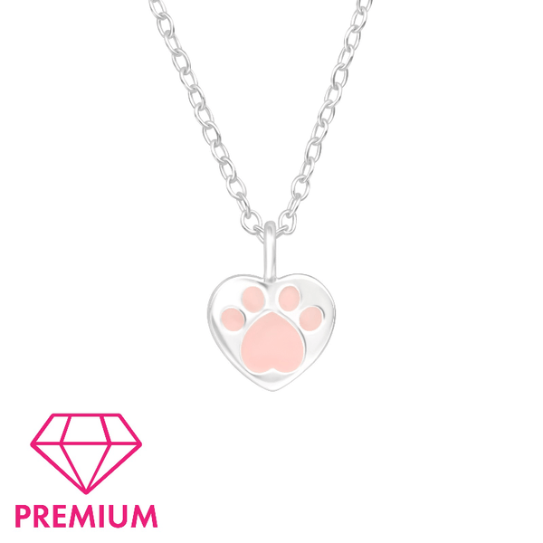 Children's Sterling Silver 'Pink Paw Print Heart' Pendant Necklace