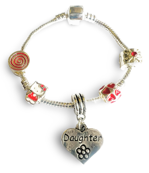 Children's Daughter 'Red Kitty Cat' Silver Plated Charm Bead Bracelet