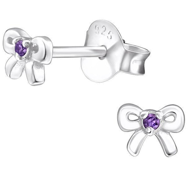 Children's Sterling Silver 'February Birthstone' Bow Stud Earrings