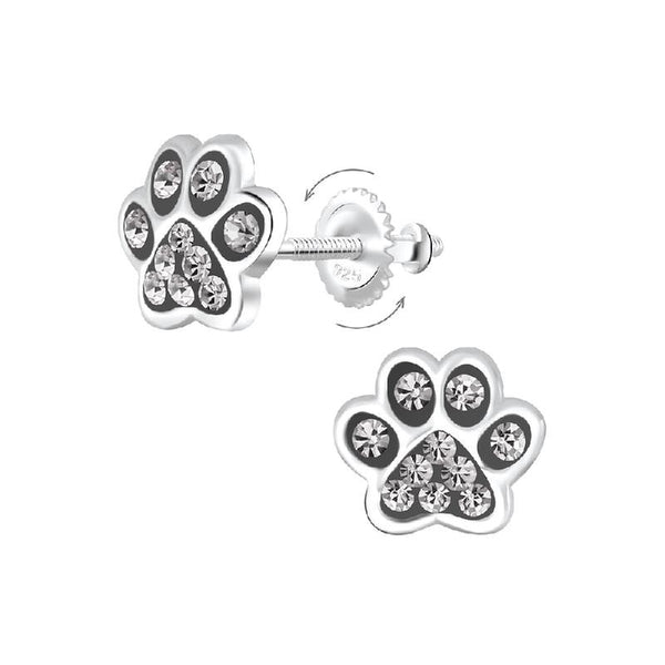 Children's Sterling Silver 'Black Diamond Crystal Paw' Screw Back Stud Earrings