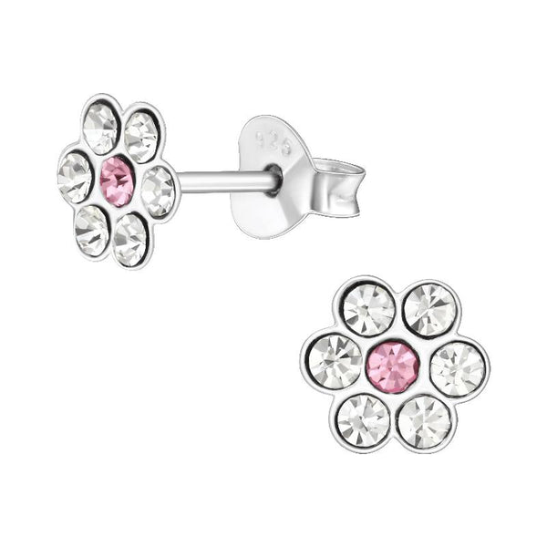 Children's Sterling Silver Pink and Clear Diamante Flower Stud Earrings