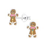 Children's Sterling Silver Christmas Gingerbread Man Stud Earrings- Light Brown