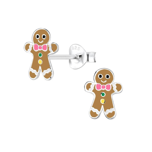 Children's Sterling Silver Christmas Gingerbread Man Stud Earrings- Light Brown