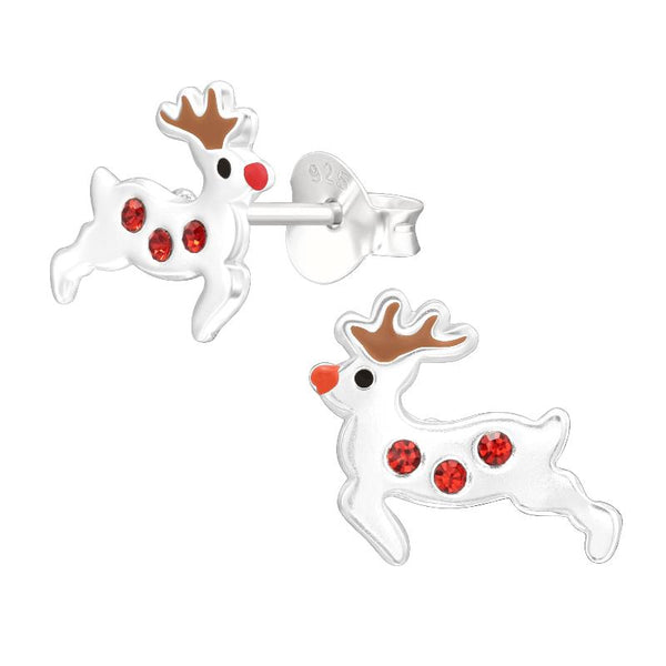 Children's Sterling Silver Christmas Red Nosed Reindeer Stud Earrings