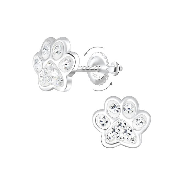Children's Sterling Silver 'Clear Crystal Paw' Screw Back Stud Earrings