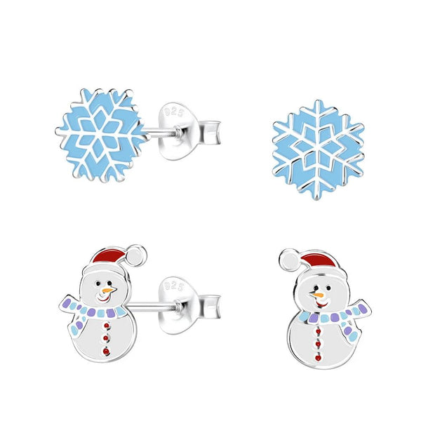 Children's Sterling Silver Set of 2 Pairs of Christmas Snowman and Snowflake Stud Earrings