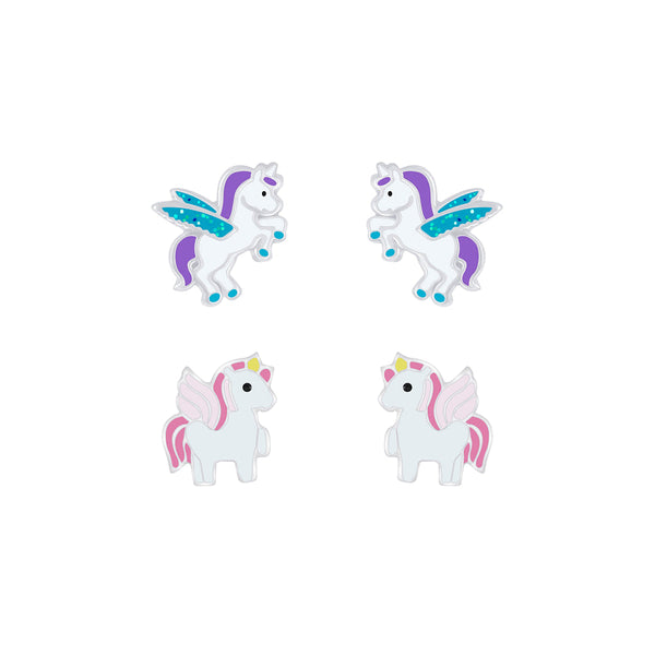 Children's Sterling Silver Set of 2 Pairs of Purple and Pink Flying Unicorn Stud Earrings