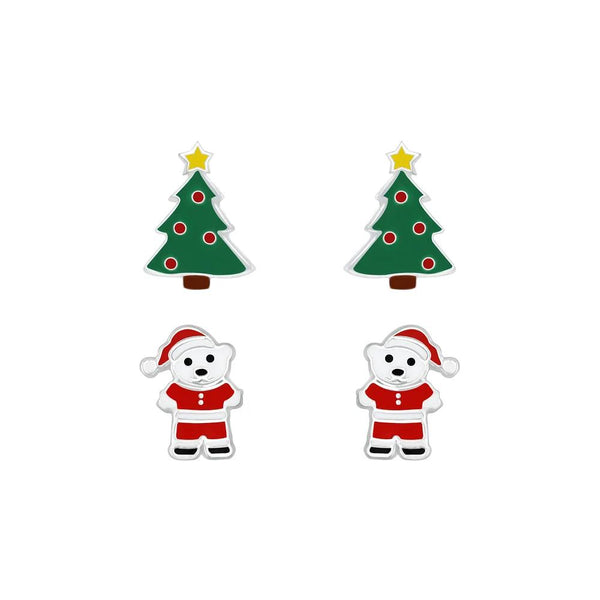 Children's Sterling Silver Set of 2 Pairs of Christmas Tree and Santa Bear Stud Earrings