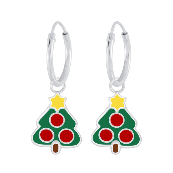 Children's Sterling Silver 'Christmas Tree with Red Baubles' Hoop Earrings