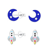 Children's Sterling Silver Set of 2 Pairs of Space Themed Stud Earrings