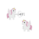 Children's Sterling Silver 'White and Pink Winged Unicorn' Stud Earrings