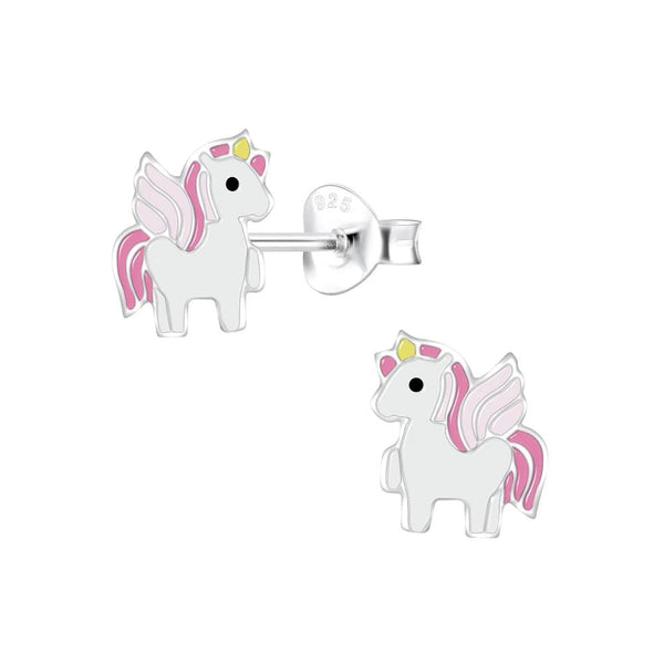 Children's Sterling Silver 'White and Pink Winged Unicorn' Stud Earrings