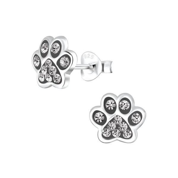 Children's Sterling Silver 'Black Diamond Sparkle Paw' Crystal Stud Earrings
