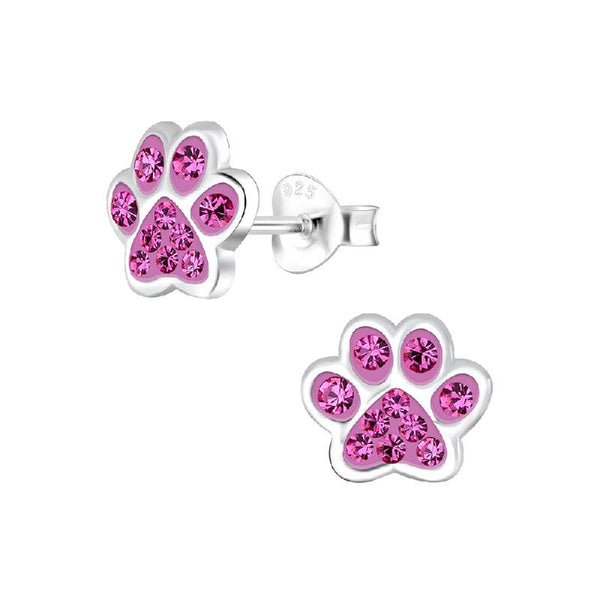 Children's Sterling Silver 'Pink Sparkle Paw' Crystal Stud Earrings