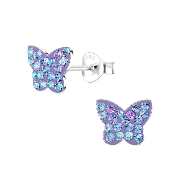 Children's Sterling Silver 'Blue and Purple Sparkle Butterfly' Crystal Stud Earrings
