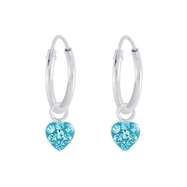 Children's Sterling Silver 'Aqua Blue Sparkle Heart' Crystal Hoop Earrings