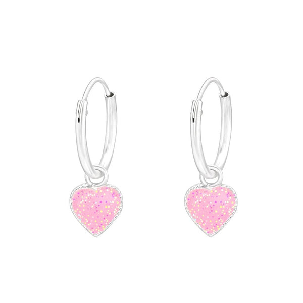 Children's Sterling Silver Pink Glitter Heart Hoop Earrings