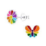 Children's Sterling Silver 'Rainbow Flower and Rainbow Butterfly' Stud Earrings