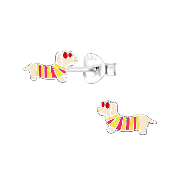 Children's Sterling Silver Sausage Dog / Dachshund in T-Shirt and Sunglasses Stud Earrings (Light Brown)