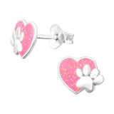Children's Sterling Silver 'Pink Glitter Heart with Paw Print' Stud Earrings
