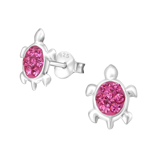 Children's Sterling Silver 'Rose Pink Sparkle Turtle/Tortoise' Crystal Stud Earrings