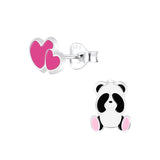 Children's Sterling Silver 'Hearts and Shy Panda' Stud Earrings