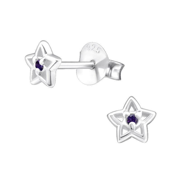 Children's Sterling Silver 'February Birthstone' Star Stud Earrings