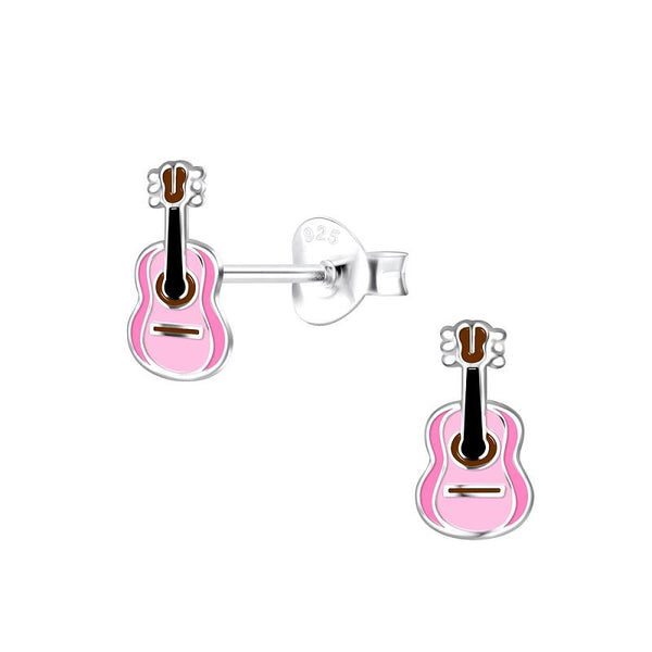 Children's Sterling Silver 'Pink Guitar' Stud Earrings
