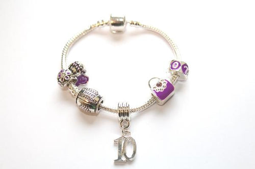 Children's Purple 'Happy 10th Birthday' Silver Plated Charm Bead Bracelet