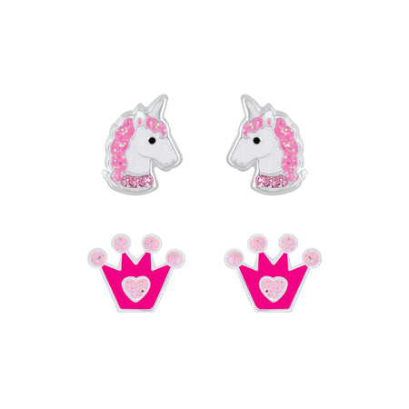 Children's Sterling Silver Set of 2 Pairs of Sparkle Unicorn and Rainbow Stud Earrings