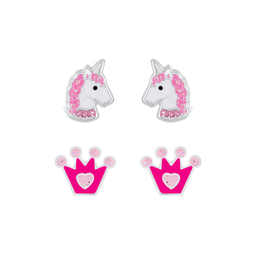 Children's Sterling Silver Set of 2 Pairs of Unicorn Themed Stud Earrings