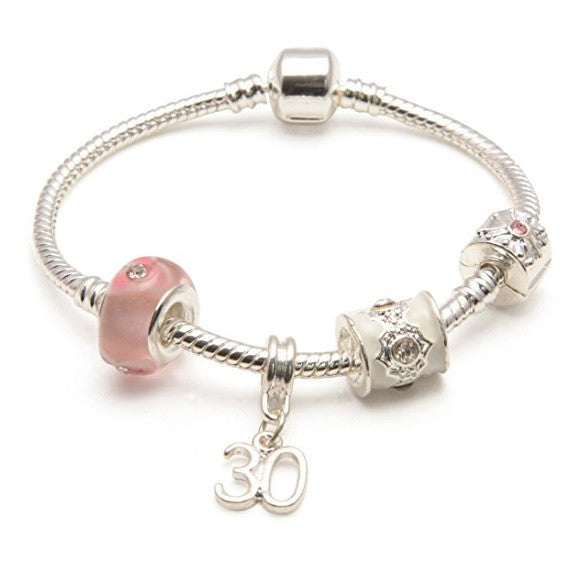 Age 30 'Pink Parfait' Silver Sparkle Charm Bead Bracelet