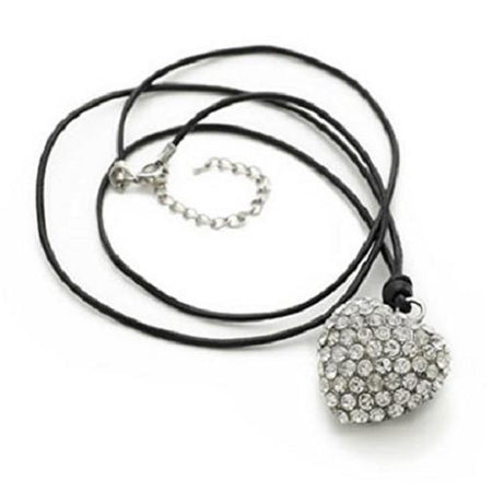 Silver Tone 'Shimmer Heart' Diamante Crystal Tassel Pendant Black Leather Cord Necklace 43cm-50cm
